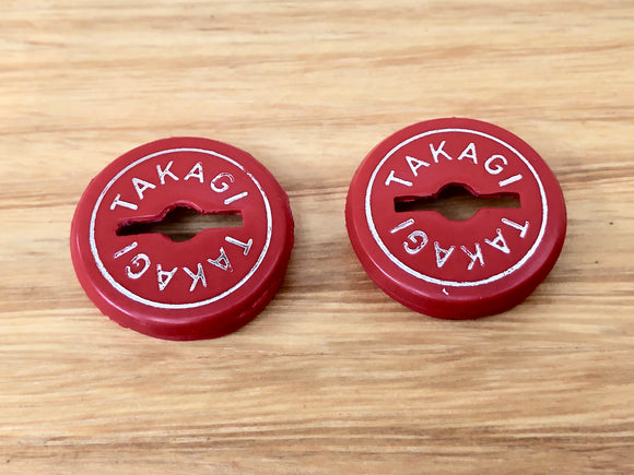 Takagi -  Crank Caps - Red-Silver Font - old school bmx