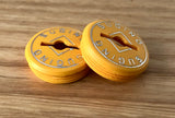 Sugino -  Crank Caps - Yellow silver font - old school bmx