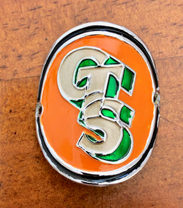 GTS Head badge - Chrome Highlight - Orange, Green & Gold paint infill - old school bmx