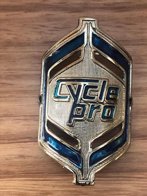 Cycle Pro -  Head badge - Gold with blue Highlights - old school bmx